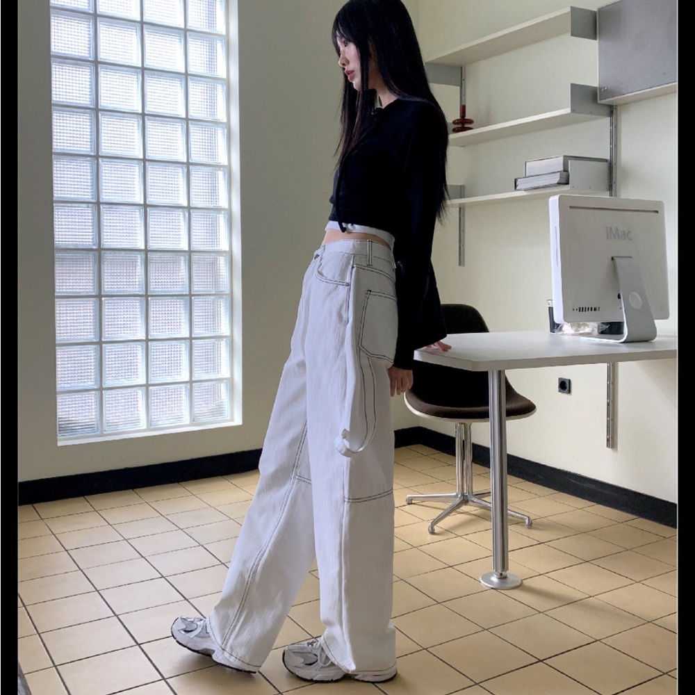 Contrast stitch wide leg carpenter painter pants